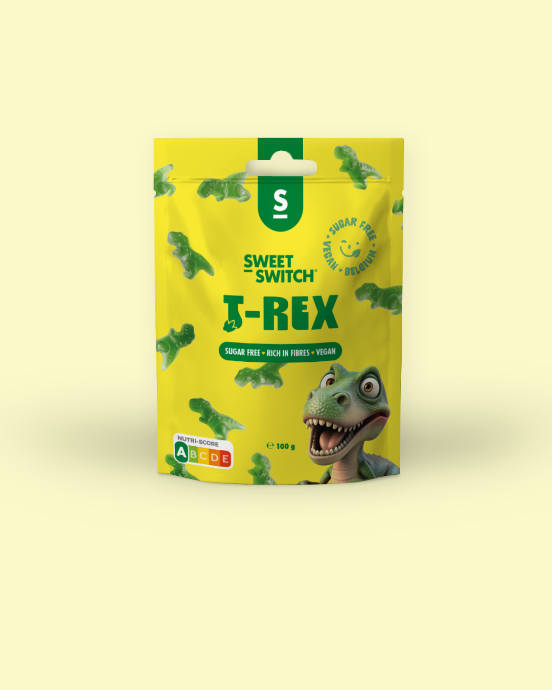 Sweet Switch T-Rex candy package on a light yellow background sugar free