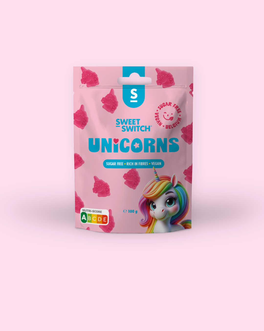 Pink package of Sweet Switch Unicorns on a pink background sugar free