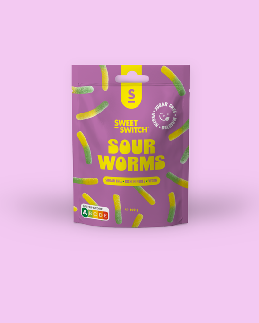 Purple package of Sweet Switch Sour Worms on a purple background sugar free